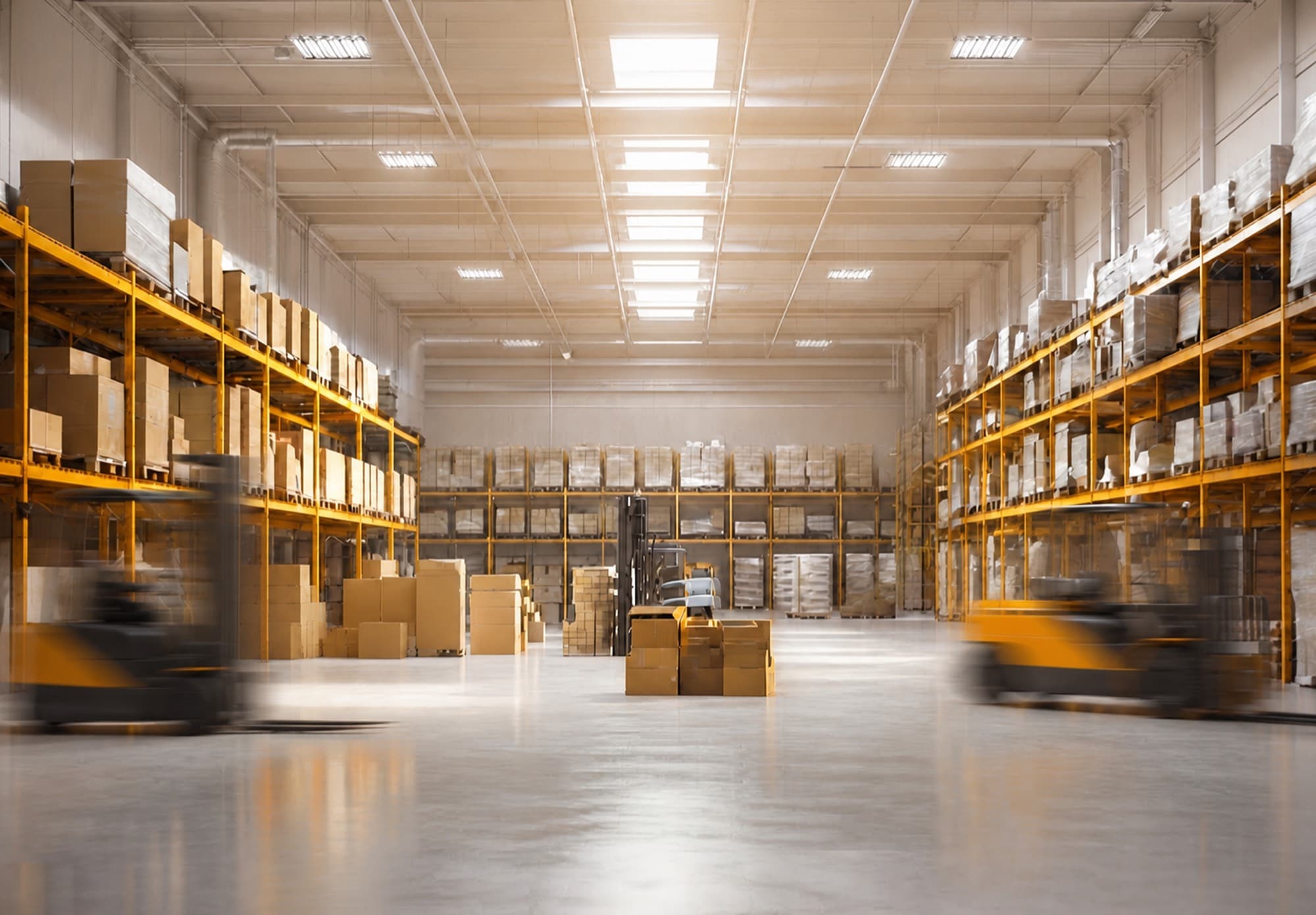 A busy warehouse with stacked wholesale inventory